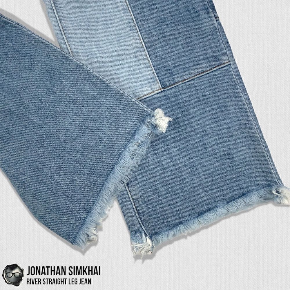 JONATHAN SIMKHAI RIVER STRAIGHT LEG DISTRESSED PATCHWORK JEANS IN INDIGO BLUE 27 - Picture 5 of 16